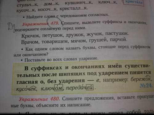 Упр 479. Спишите, выделите суффиксы и окончания, подчеркните согласную перед ними.