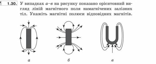 . У випадках а–в на рисунку показано орієнтовний вигляд ліній магнітного поля намагнічених залізних 