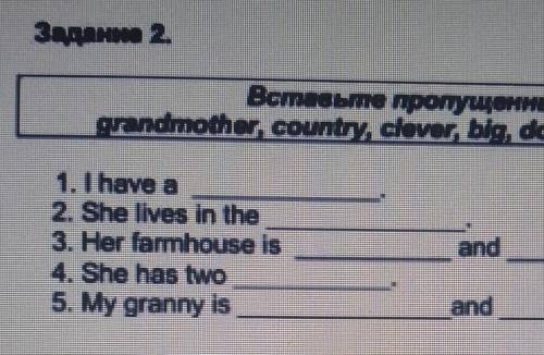 Задание 2. Вставьте пропущенные слова:grandmother country, clover big, dogs, tall, kind1. I have a2.