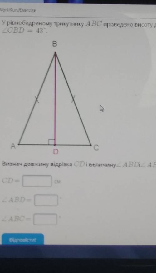 У рівнобедреному трикутнику Abc проведено висоту до основи AC довжина якої складає 34см CBD=43°​