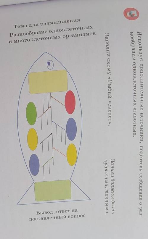 Заполни схему «Рыбий «скелет». Записи должны бытькраткими, точными.Тема для размышленияРазнообразие 