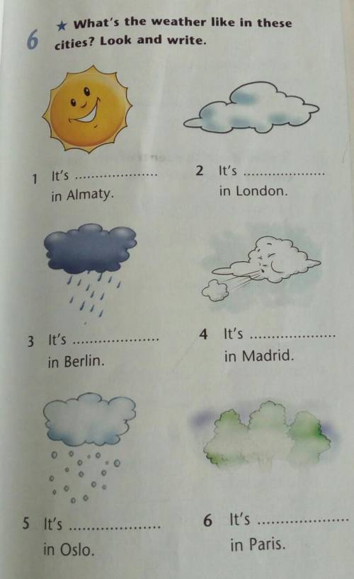 6 What's the weather like in thesecities? Look and write.1It'sin Almaty.2 It'sin London.3 It's..in B