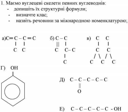 Маємо вуглецеві скелети певних вуглеводнів.- допишіть їх структурні формули;- визначте клас;- назвіт