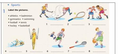 ladel the pictures 1) athletics 2) gymnastics 3) football 4) hockey 5) badminton 6) swimming 7) tenn