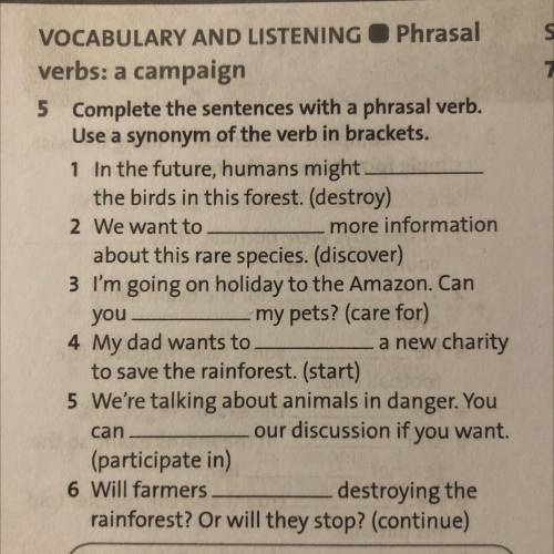 Complete the sentences with a phrasal verb. Use a synonym of the verbs in brackets