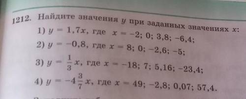 1212. Найдите значения у при заданных значениях х: 1) у = 1,7х, где x = -2; 0; 3,8; -6,4;2) у = -0,8