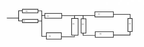 Визначити сулу струму та опір електричного кола якщо відомо що R1=R2=R3=25 Oм, R4=R5=R6=31 Oм, R7=R8