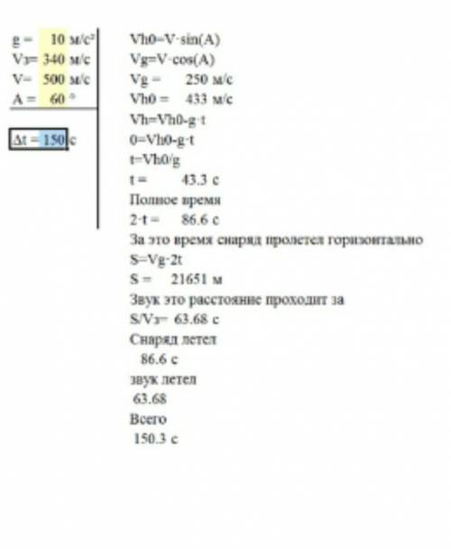 При выстреле из пушки под углом 60 ° к горизонту снаряд имеет начальную скорость, модуль которой 500