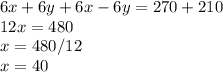 6x+6y+6x-6y=270+210\\12x=480\\x=480/12\\x=40