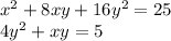 x {}^{2} + 8xy + 16y {}^{2} = 25 \\ 4y {}^{2} + xy = 5