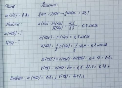 Натрій масою 9,2г вступив в реакцію з водою. Яка маса води прореагувала? Який об`єм водню виділився?