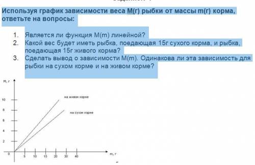 Используя график зависимости веса М(г) рыбки от массы m(г) корма, ответьте на вопросы: 1. Является л