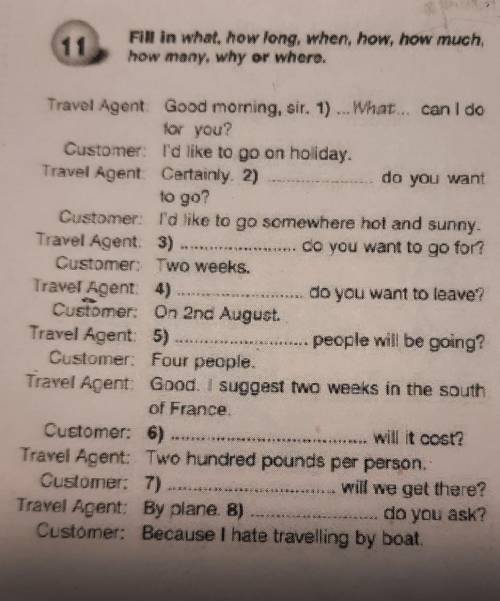 Fill in what, how long, when, how, how muchhow many, why or where.Travel Agent Good morning, sir. 1)