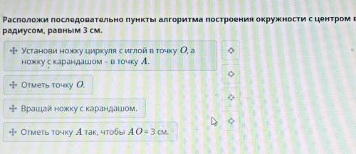 Расположи последовательно пункты алгоритма построения окружности с центром в точке Ои радиусом, равн