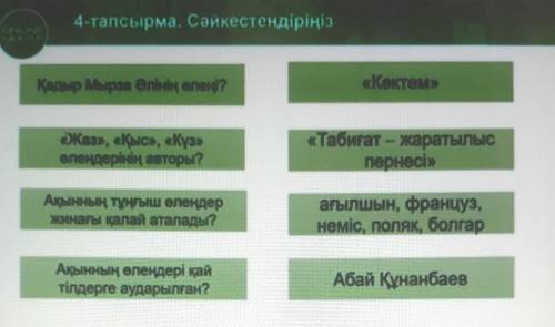 4- тапсырма.Сәйкестендіріп жаз. 4-тапсырма. СәйкестендіріңізКадыр Мырза Әлінің өлеңі?«Көктем»«Жаз», 