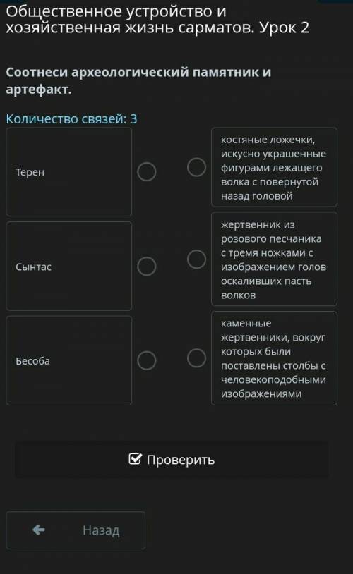 Общественное устройство и хозяйственная жизнь сарматов. Урок 2 Соотнеси археологичесикй памятник и а