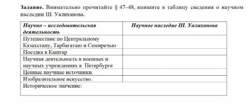 Задание. Внимательно прочитайте § 47–48, впишите в таблицу сведения о научном наследии Ш. Уалиханова