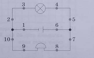 У якій з позначених на схемі точок кола можна роз- містити розімкнений ключ, щоб лампа горіла, а дзв