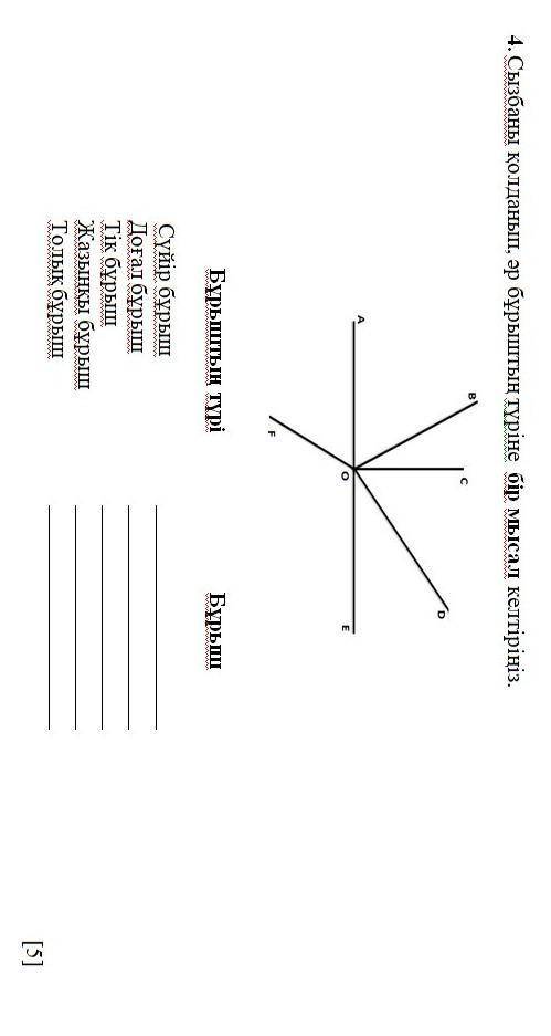 . Сызбаны қолданып, әр бұрыштың түріне бір мысал келтіріңіз. Бұрыштың түрі Бұрыш Сүйір бұрыш Доғал б