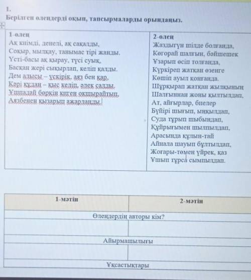 Бжб сор 1.Берілген өлеңдерді оқып, тапсырмаларды орындаңыз.1-өлеңАқ киімді, денелі, ақ сақалды,Соқыр