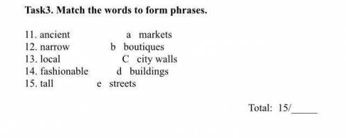 Task3. Match the words to form phrases. 1.1 ancient 12.narrow 13.local 14.fashionable 15.tall a mark