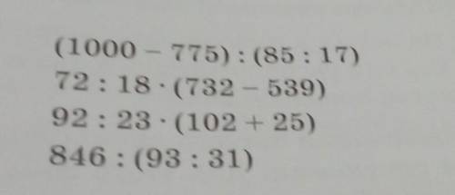 (1000 - 775): (85:17)72:18. (732 - 539)92: 23. (102 + 25)846 : (93:31) По действиям​