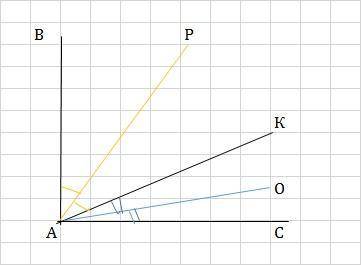 Внутри прямого угла BAC проведён луч AK, который делит угол BAC в отношении 2:1. Найдите угол между