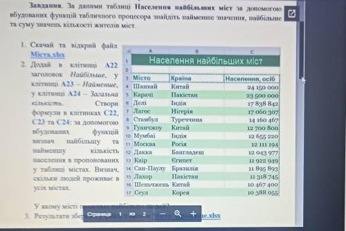 за даними таблиці населення найбільших міст за до вбудованих функцій табличного процесора знайдіть н