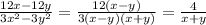 \frac{12x-12y}{3x^2-3y^2} =\frac{12(x-y)}{3(x-y)(x+y)}=\frac{4}{x+y}