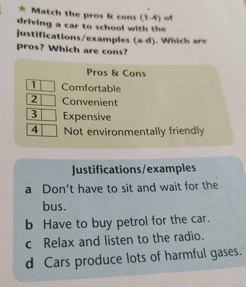 * Match the pros & cons (1-4) of a car to school with thejustifications/examples (a-d). Which ar