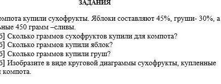 Задание 1.для компота купили сухофрукты яблоки составляют 45% груши 30% остальные 450g сливы сколько