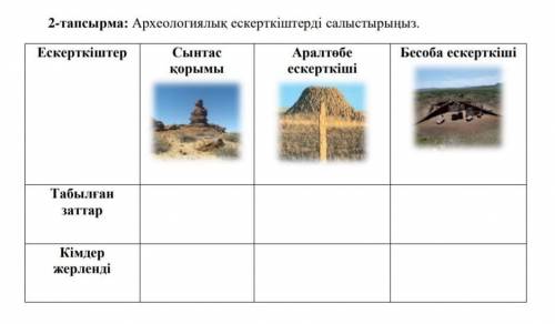 2-тапсырма: Археологиялық ескерткіштерді салыстырыңыз. Ескерткіштер Сынтас қорымыАралтөбе ескерткіші