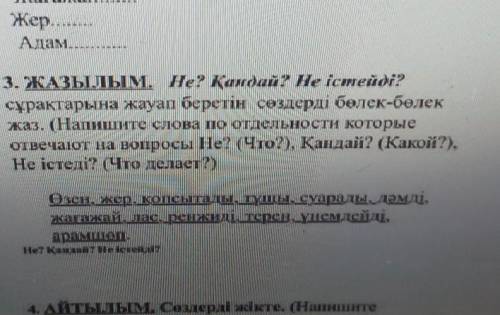 3. ЖАЗЫЛЫМ. Не? Қандай? Не істейді? сұрақтарына жауап беретін сөздерді бөлек-бөлекжаз. (Напишите сло