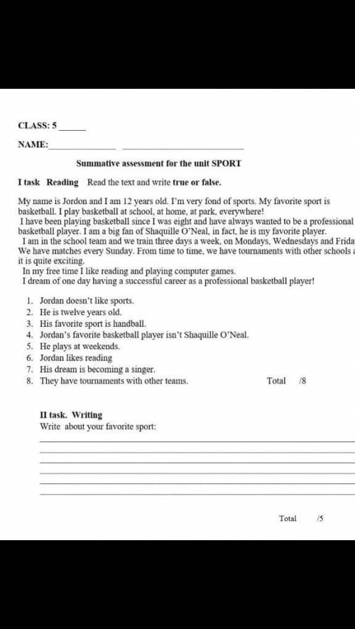 Summative assessment for the unit SPORT I task Reading Read the text and write true or false.My name