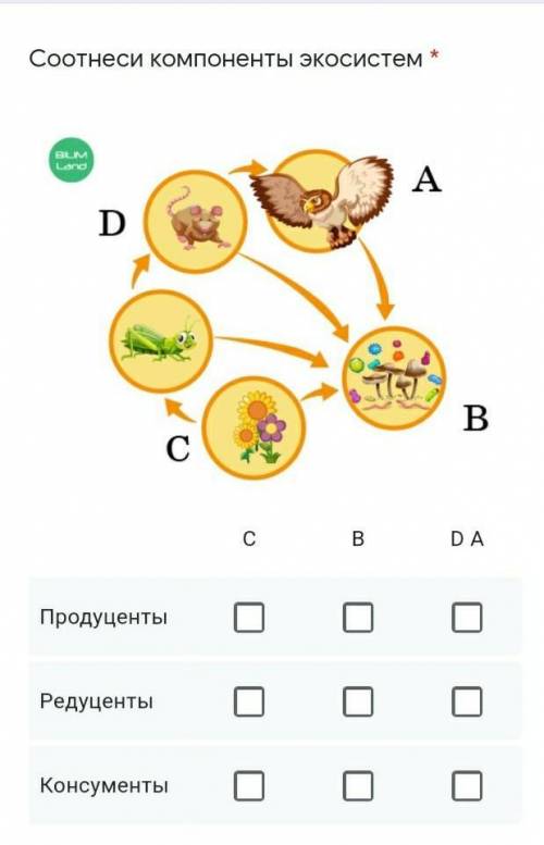 Соотнеси компоненты экосистем * СBD AПродуцентыКонсументыРедуцентыПродуцентыКонсументыРедуценты​