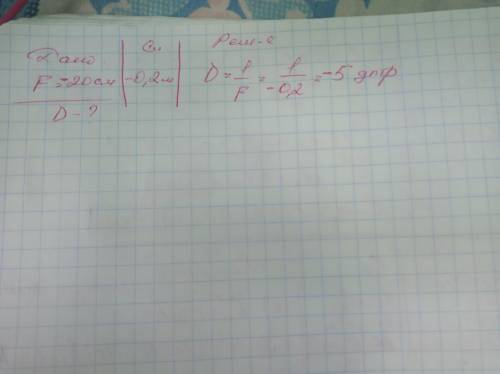 КАКОВА ОПТИЧЕСКАЯ СИЛА ЛИНЗЫ,ЕСЛИ ЕЁ ФОКУСНОЕ РАССТОЯНИЕ РАВНО -20СМ? А)-5дптр Б)-20дптр В)-0,05 дпт
