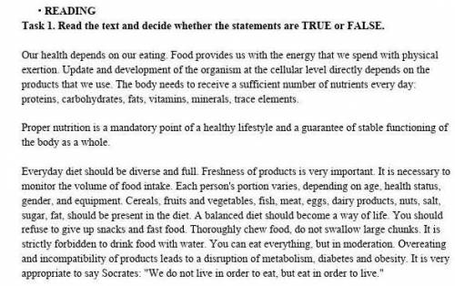 1. Health depends on our eating True/False 2. The body needs to receive large number of nutrients Tr