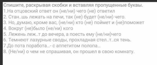 Спишите, раскрывая скобки и вставляя пропущенные буквы. 1.На отцовский ответ он (не/ни) чего (не) от