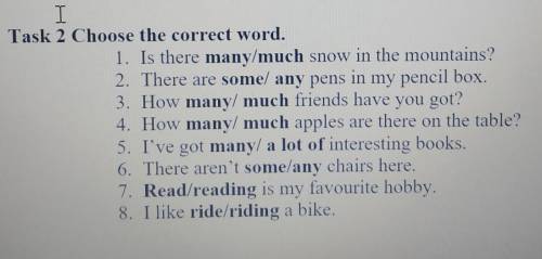 Task 2 Choose the correct word. 1. Is there many/much snow in the mountains?2. There are some/ any p