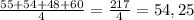 \frac{55+54+48+60}{4}=\frac{217}{4}=54,25