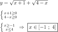 y=\sqrt{x+1} +\sqrt{4-x} left \{ {{x+1\geq 0} \atop {4-x\geq0 }} \right. left \{ {{x\geq -1} \atop {x\leq4 }} \right. \ \Rightarrow \ \boxed{x\in[-1 \ ; \ 4]}