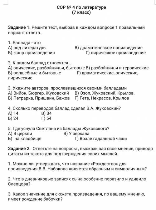 СОР № 4 по литературе (7 класс)Задание 1. Решите тест, выбрав в каждом вопросе 1 правильный вариант 