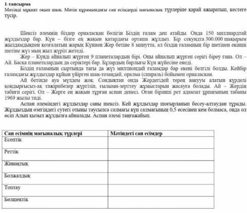 1 тапсырма. Матинди окык шык.Мәтин курамындагы сан есимдерди магыналық түрлеріне қараи ажыратып, кес