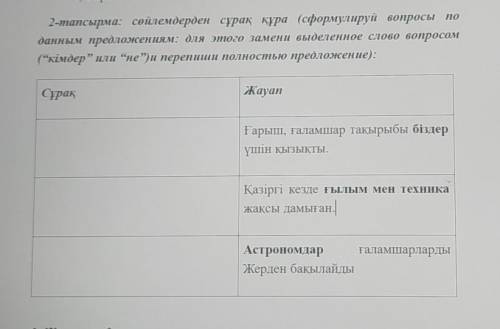 Сөйлемдерден сұрақ құра (сформулируй вопросы по данным предложениям: для этого замени выделенное сло