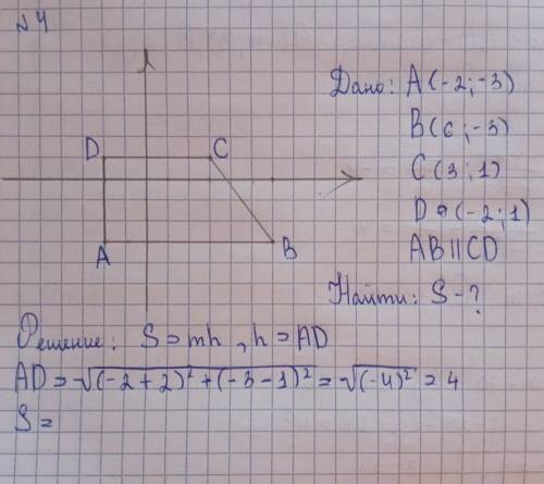 задание:точки А(-2;-3),В(6;-3),С(3;1),D(-2;1) вершины прямоугольной трапеции с основаниями АВ и СD.Н