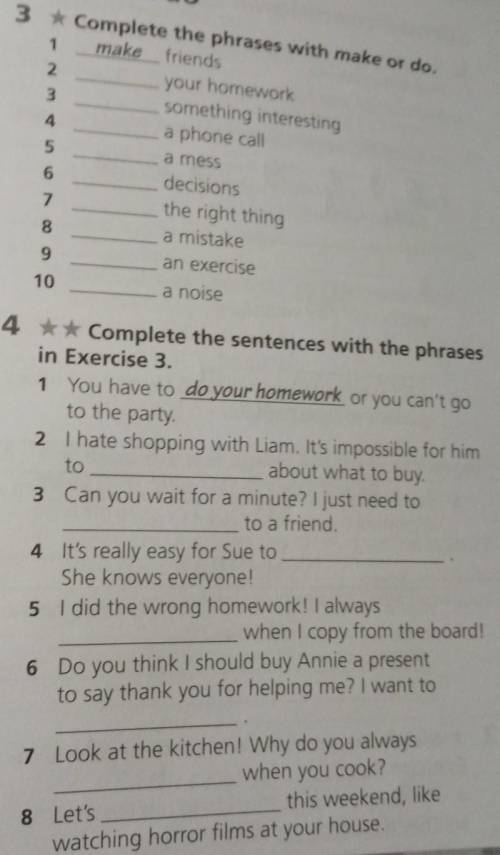 1 complete the phrases with make or do2 complete the sentences with the phrases in exercise 1​