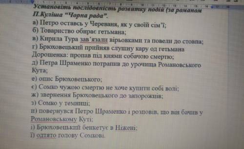 Установіть послідовність розвитку подій (за романом П. Куліша «Чорна рада»)