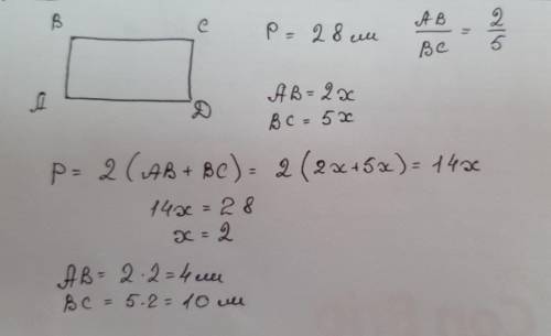 P прямокутника = 28 см. Сторони відносяться, 2:5. Знайти сторони прямокутника