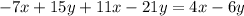 - 7x + 15y + 11x - 21y = 4x - 6y