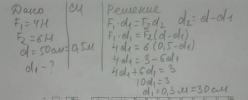На рычаг дейтвует две силы 4 Н и 6 Н, приложенные к концам рычага. Длина всего рычага 50 см. Каким д